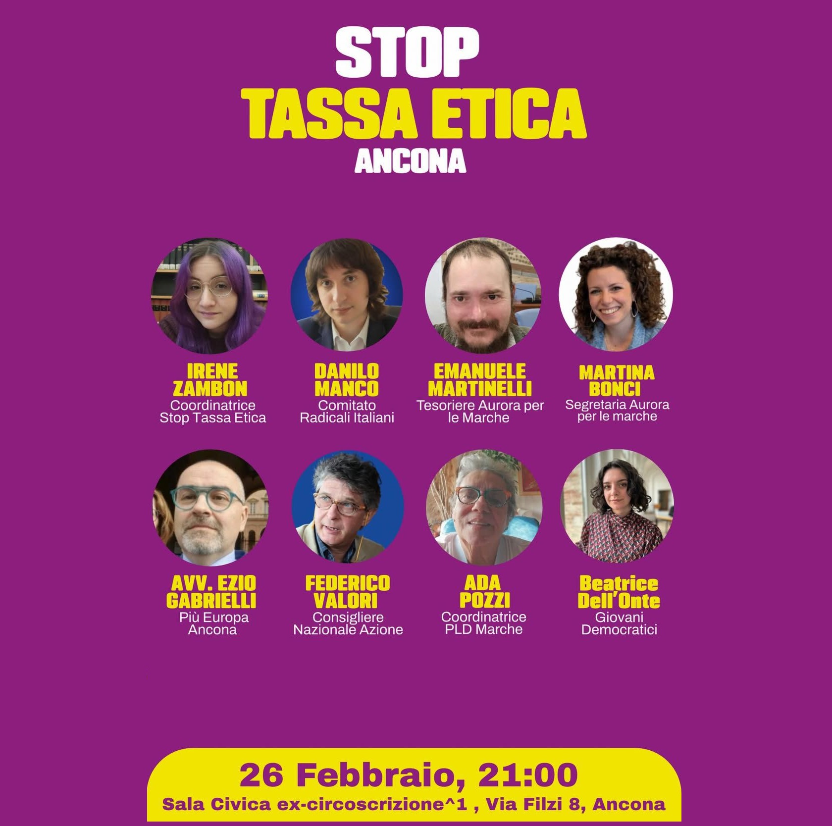 Dibattito Aurora per le Marche sulla tassa etica ad Ancona, febbraio 2026